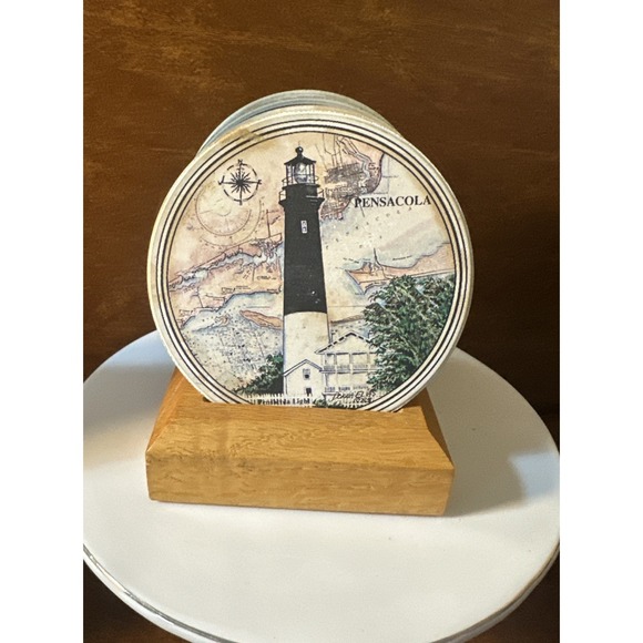 NatureStone Other - 4 Coastal Lighthouse 4"Absorbent Naturestone Coasters USA Cork Back Wood Vintage